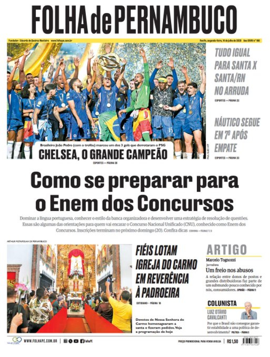 Veja as capas dos jornais de Pernambuco nesta segunda-feira (14)