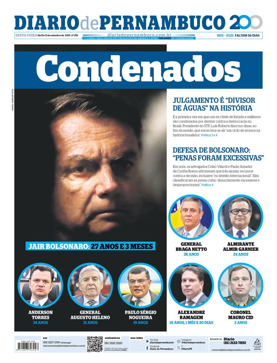 Condenação de Bolsonaro: confira as capas dos jornais de Pernambuco nesta sexta (12)