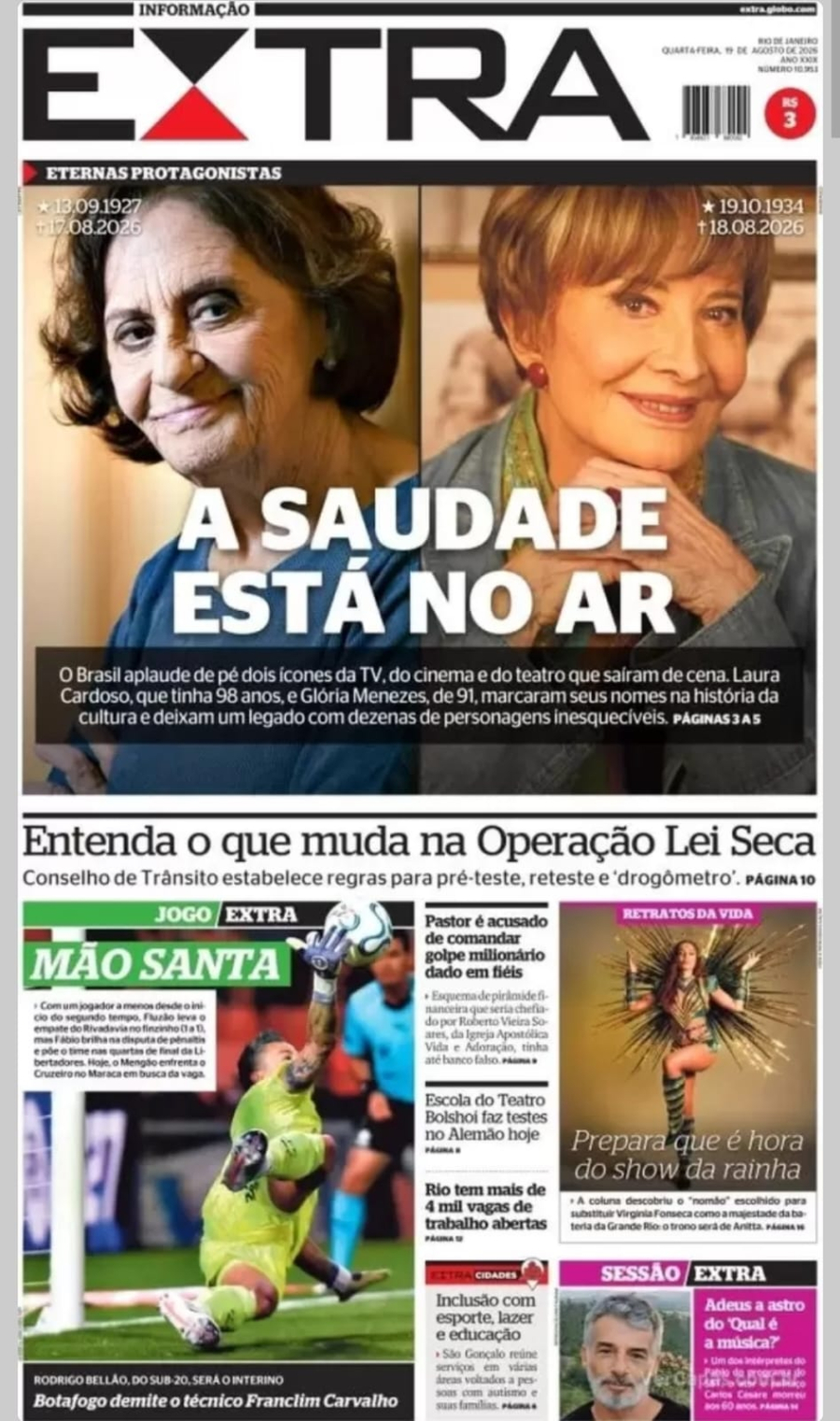 Capas de jornais homenageiam Glória Menezes e Laura Cardoso; veja imagens
