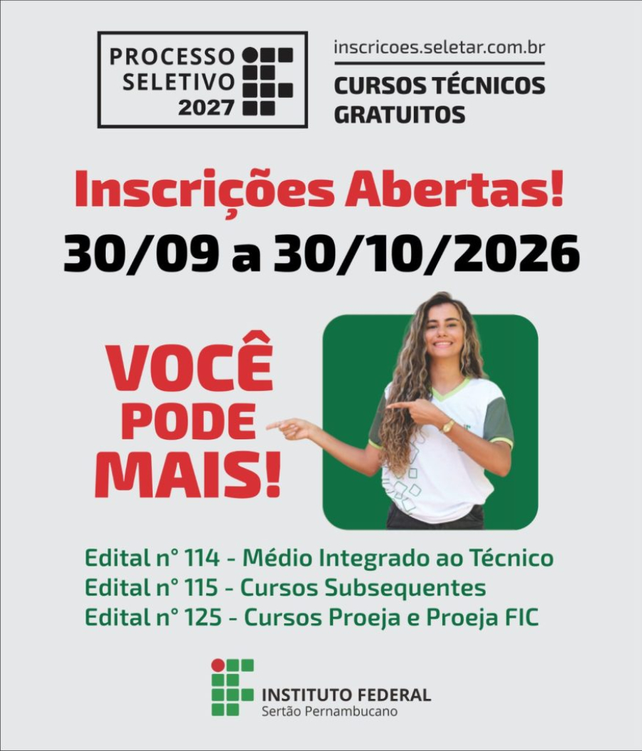 IFSertãoPE abre 1.632 vagas; veja como se inscrever